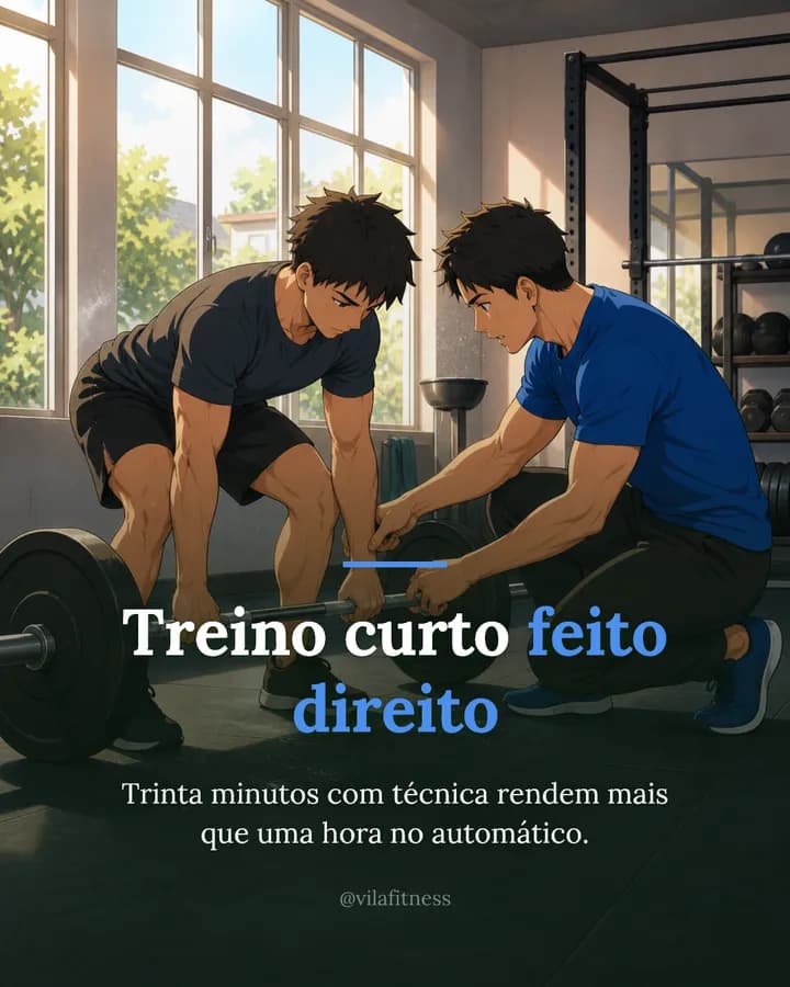 Post de academia em estilo anime: “Treino curto feito direito”, com o treinador corrigindo a pegada na barra.