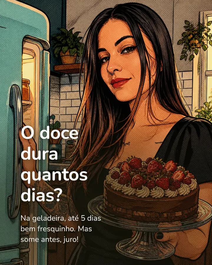 Post de confeitaria: “O doce dura quantos dias? Na geladeira, até 5 dias bem fresquinho. Mas some antes, juro!”, com a confeiteira segurando um bolo de morango.
