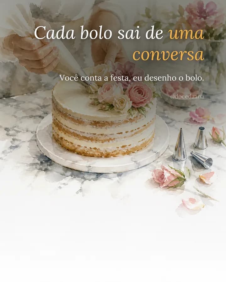 Post de confeitaria em aquarela: “Cada bolo sai de uma conversa”, com as mãos confeitando flores de buttercream.