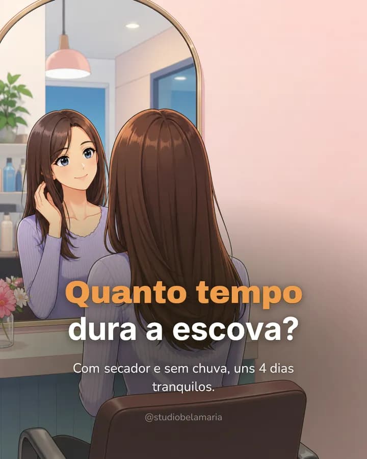 Post de salão em estilo anime: “Quanto tempo dura a escova?”, com a cliente olhando o cabelo escovado no espelho.